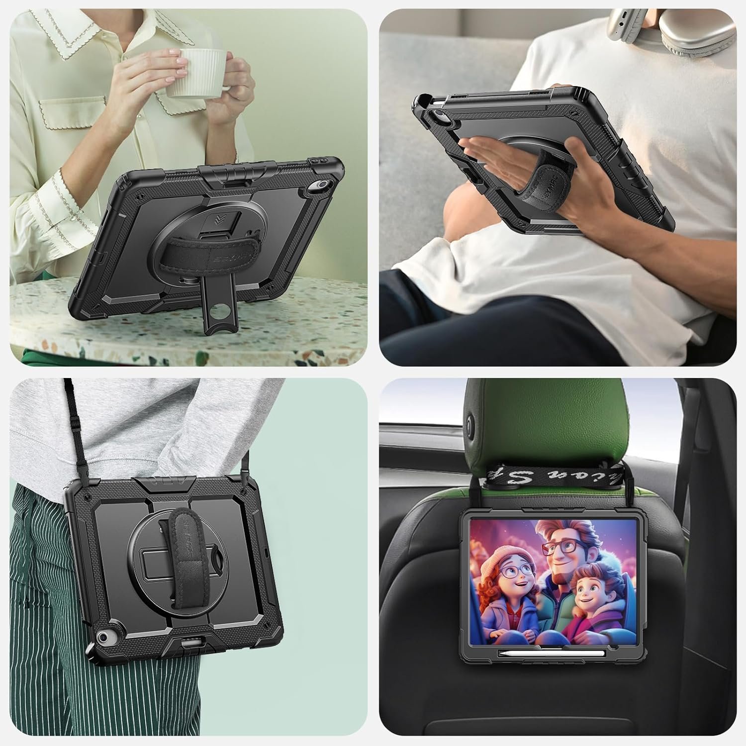 SEYMAC for iPad Air 13 Inch Case M3 2025/ M2 2024, Heavy Duty Shockproof Protective Case with Screen Protector, 360° Rotating Stand, Hand/Shoulder Strap and Pen Holder for iPad Air 13, Black - Image 6