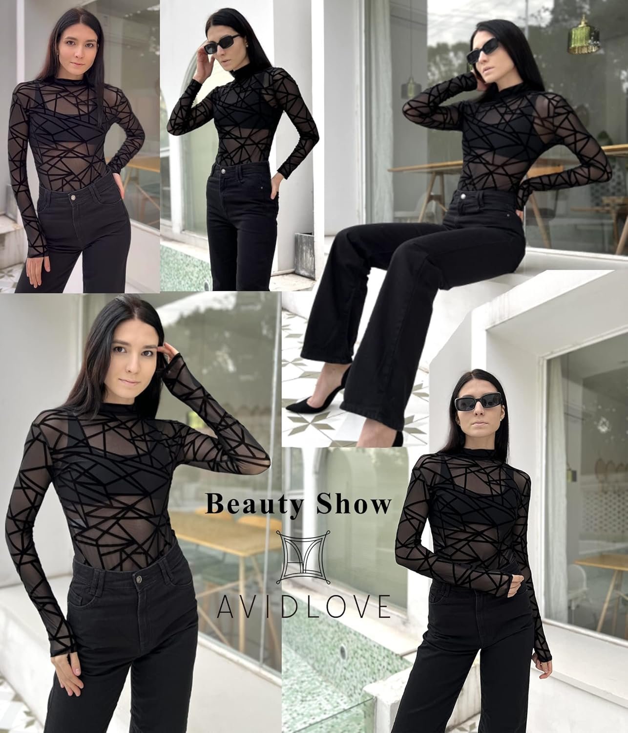 Avidlove Long Sleeve Bodysuit for Women Turtleneck Sheer Mesh Bodysuit Geo Print Leotards - Image 5