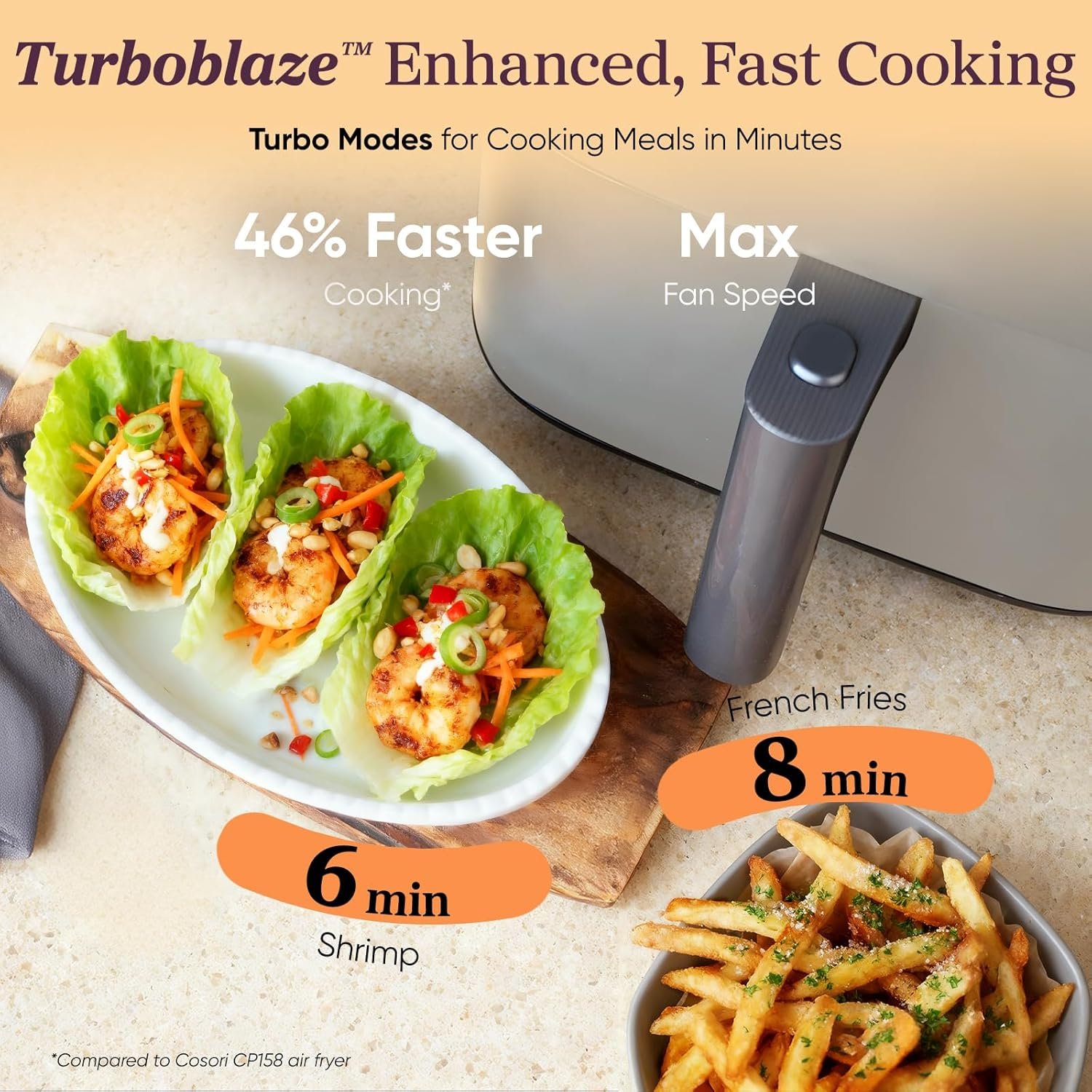 Cosori 9-in-1 TurboBlaze Air Fryer 6 Qt, Premium Ceramic Coating, 90°–450°F, Precise Heating for Even Results, Air Fry, Roast, Bake, Broil, Dry, Frozen, Proof, Reheat, Keep Warm, 120V, Light Gray - Image 5
