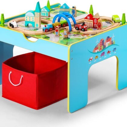 SainSmart Jr. Wooden Train Table, 2-in-1 Activity Table Playset for Kids, Wooden Train Set with Storage Box, Gift for Toddlers Boys Girls