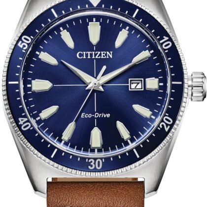 Citizen Eco-Drive Men's Sport Casual Brycen Brown Leather Strap with Blue Dial, 3-Hand Date, Luminous, 43mm