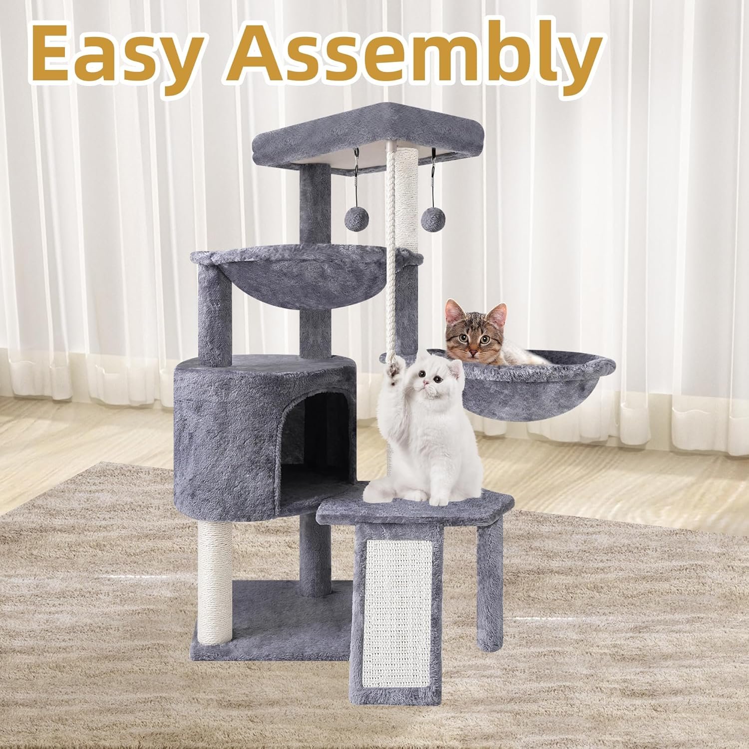 Xin Three Layer Cat Tree with Cat Condo and Two Hammocks,Grey - Image 4