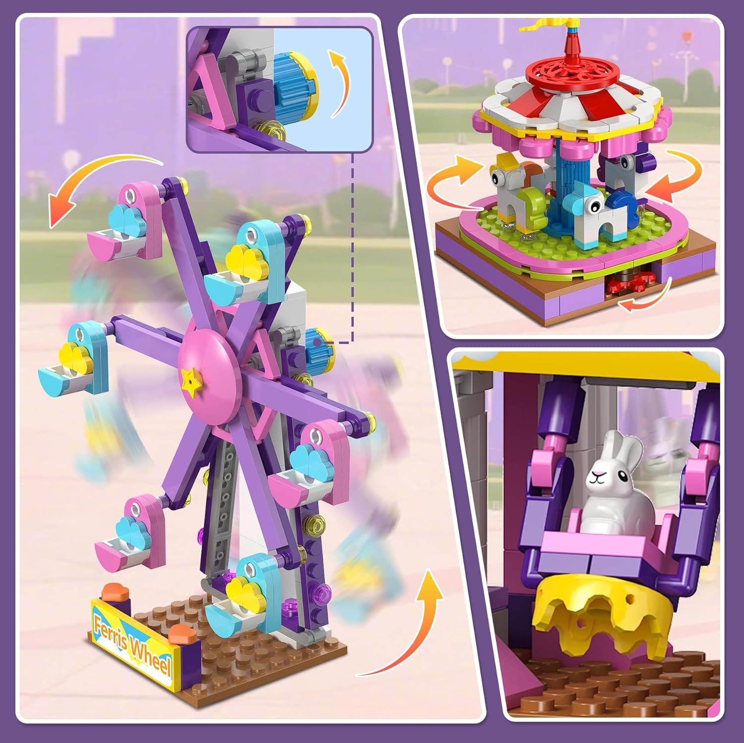 HOGOKIDS 3 Modes Girls Park Building Set - Friendship City Park Building Blocks Toy Set, Friends DIY Building Toys with Ferris Wheel, Spinning Carousel, Slide | Gifts for Girls Boys Age 8 9 10 11 12+ - Image 4