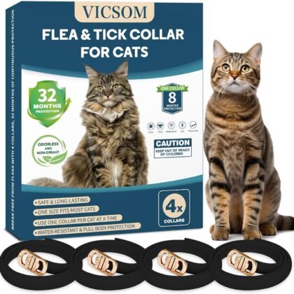 VICSOM 4 Pack Flea and Tick Collar for Cats, 32 Months Treatment, Waterproof Adjustable Kitten Flea Collar, Flea Prevention, Black