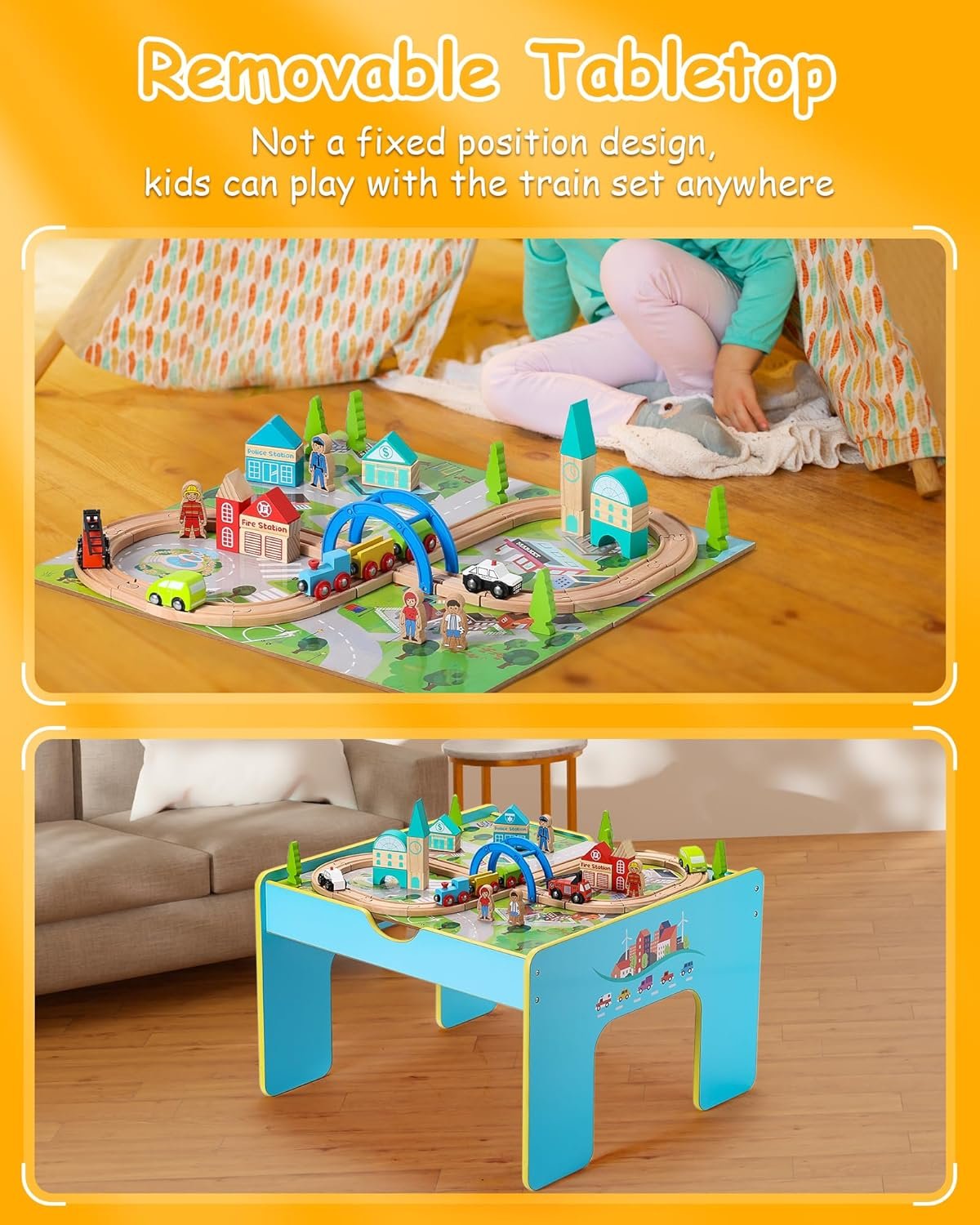 SainSmart Jr. Wooden Train Table, 2-in-1 Activity Table Playset for Kids, Wooden Train Set with Storage Box, Gift for Toddlers Boys Girls - Image 2