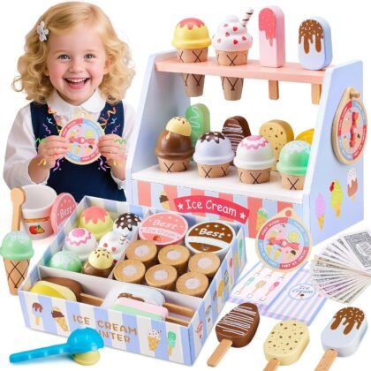 Ehome Wooden Ice Cream Toys Set Pretend Play Food Store for Kids Serve Ice Cream Counter Shop Kitchen Playset with Lucky Wheel, Scoop, Menu, Fake Money for Boys and Girls Ages 3 4 5 6 Birthday Gift