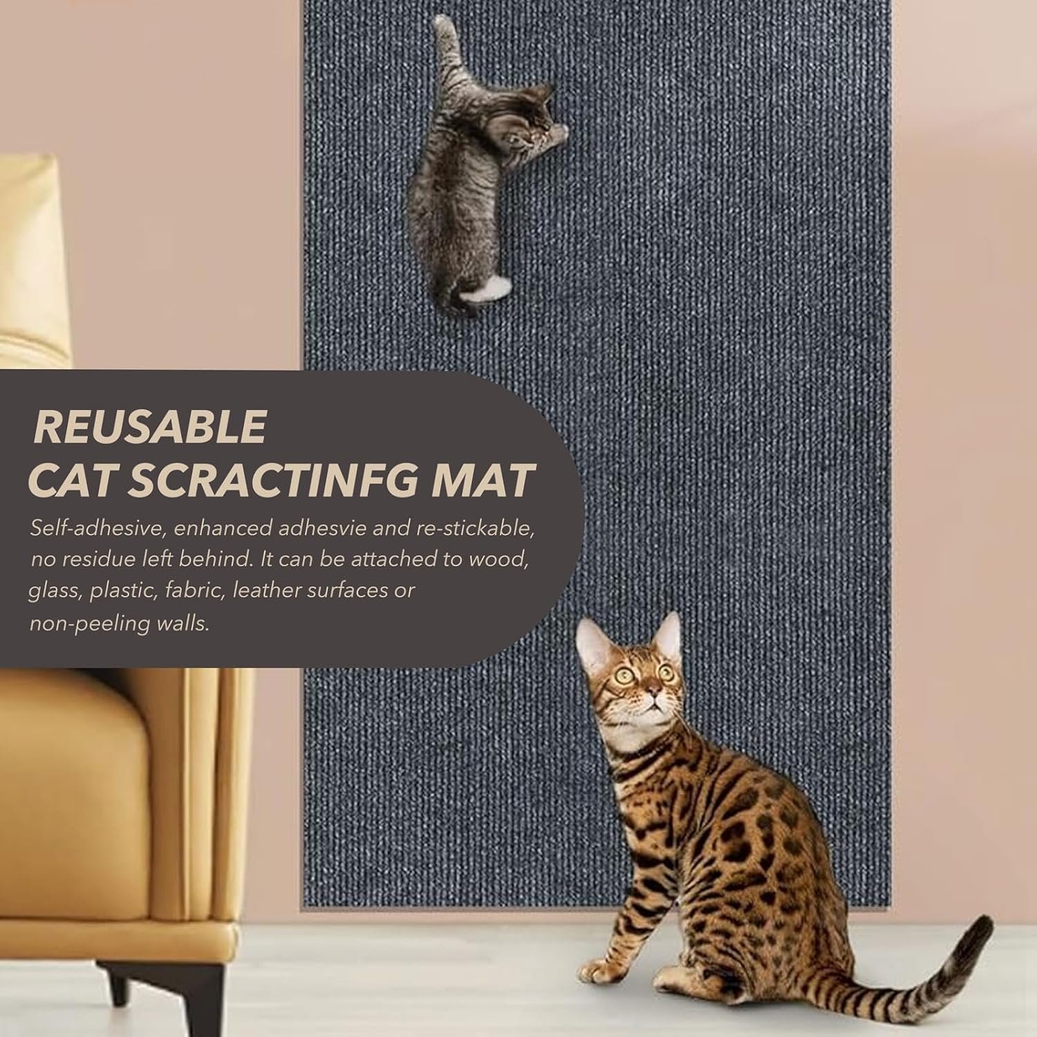 78.7"X15.8" Cat Scratching Mat, Self-Adhesive Cat Scratch Carpet, DIY Cats Scratch Furniture Protector for Couch, Sofa, Wall & Door, Durable Furniture Guards Couch Scratcher from Cats Claws, Dark Grey - Image 5