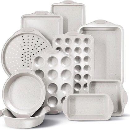 Country Kitchen Nonstick Stackable Bakeware Set - Heavy Duty, Durable, Easy Release Baking Set, Cream, 10 Pcs