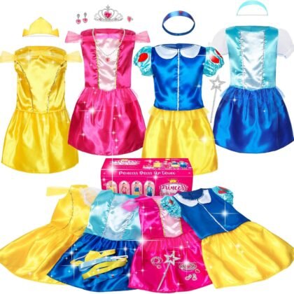 SOLIEHOO Girls Princess Dress Up Trunk, Pretend Play Costumes Princess Role Play Set 15pcs Girls Dress up Clothes for Toddler Age 3 4 5 6 Years with 4 Tops,4 Princess Dresses Crown Necklaces