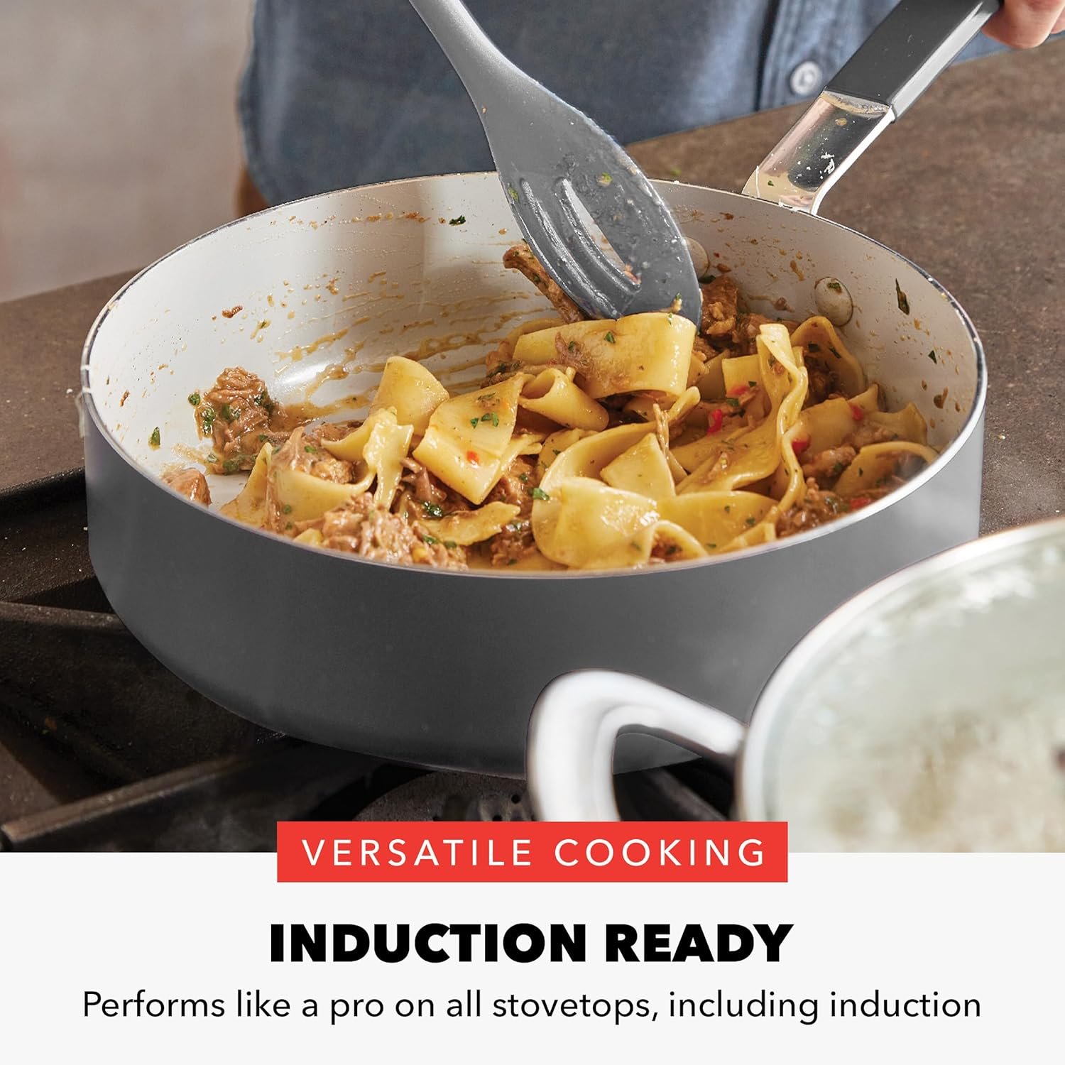 GreenPan x Bobby Flay 13 Piece Nonstick Cookware Pots and Pans Set, PFAS-Free Diamond Ceramic, Induction Suitable, Easy Clean Dishwasher & Oven Safe, Stay-Cool Silicone Handles, Glass Lids, Graphite - Image 5