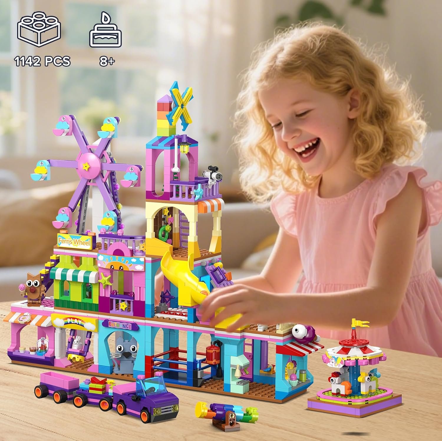HOGOKIDS 3 Modes Girls Park Building Set - Friendship City Park Building Blocks Toy Set, Friends DIY Building Toys with Ferris Wheel, Spinning Carousel, Slide | Gifts for Girls Boys Age 8 9 10 11 12+ - Image 2