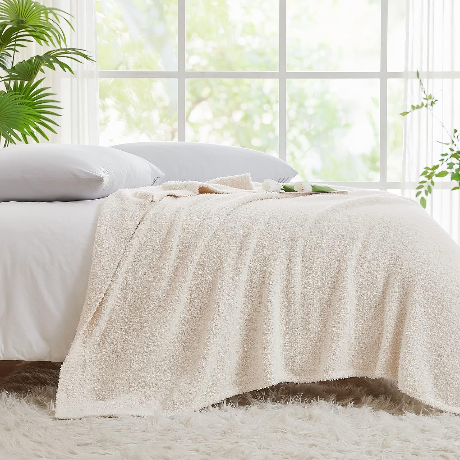 CYMULA Knit Throw Blanket for Couch Cream White - Super Soft Lightweight Plush Fuzzy Fluffy Cozy Blankets and Throws for Sofa Bed, 50 x 60 inches - Image 3