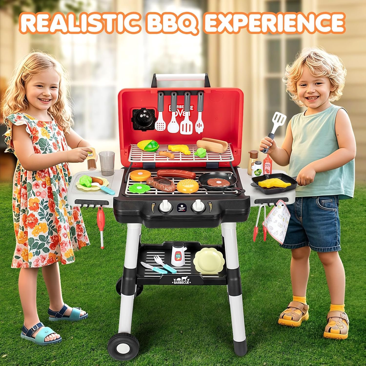 Kids Play Kitchen Toys, Kids BBQ Grill Playset with Smoke Sound Light, 2-Layer Barbecue Toy with Wheels, Outdoor Play Food Toys Cooking Set for Toddlers 3-5, Birthday for Boys Girls - Image 6