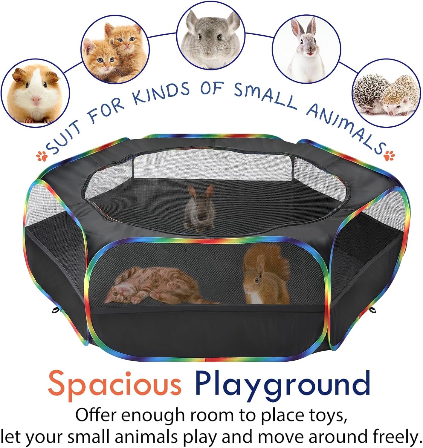 Pawaboo Small Animals Playpen, Waterproof Small Pet Cage Tent with Zippered Cover, Portable Outdoor Yard Fence with 3 Metal Rod for Chick/Kitten/Puppy/Guinea Pig/Rabbits/Hamster, Black + Rainbow - Image 7