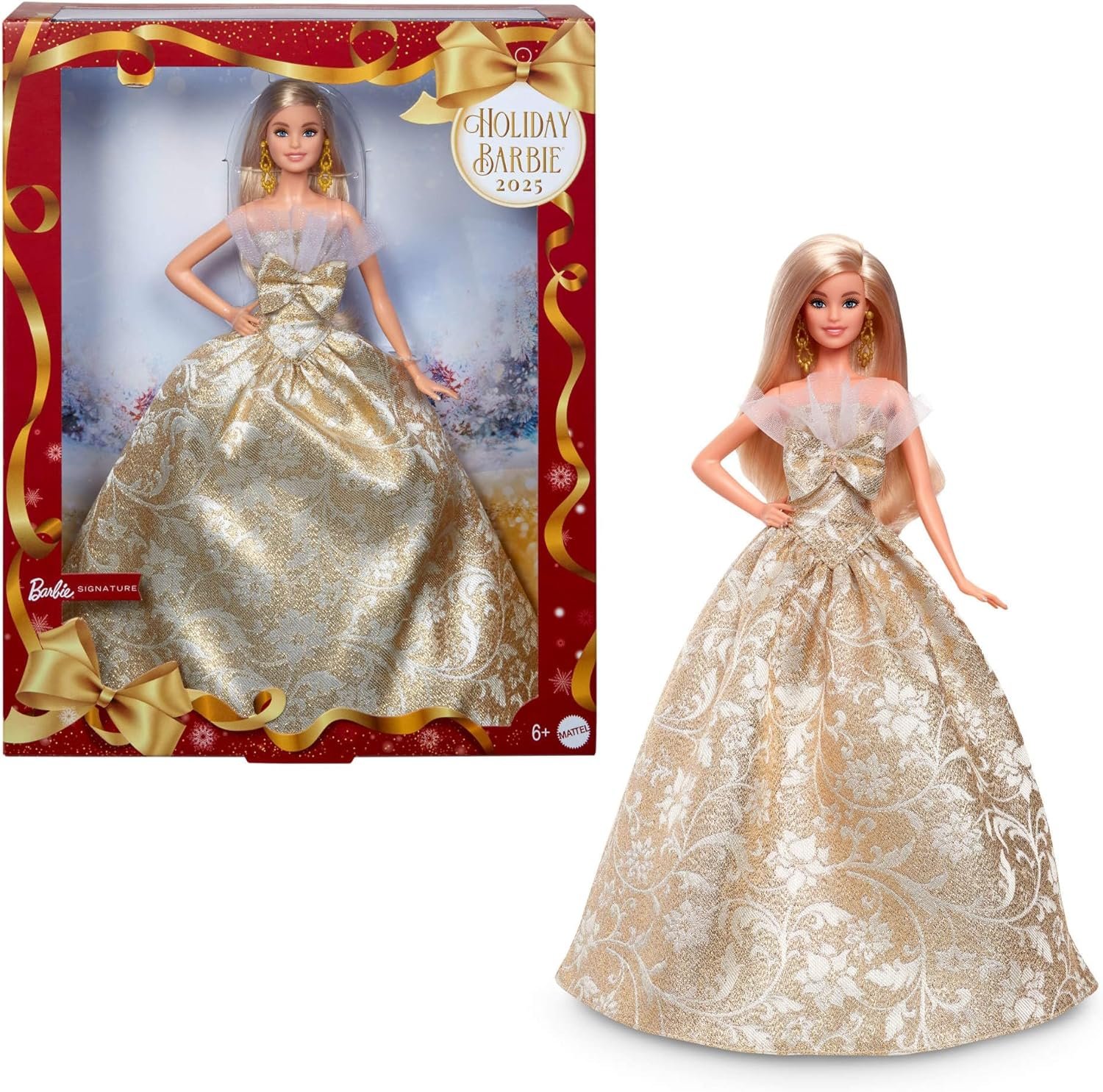 Barbie Signature 2025 Holiday Blonde Fashion Doll Wearing Silver & Gold Gown, Seasonal Collector in Displayable Packaging & Stand