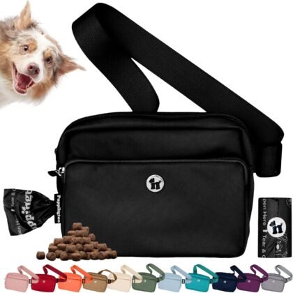 Puppington 3-in-1 Crossbody Dog Walking Bag & Treat Pouch with Matching Planet Safe Poop Bags & Built-In Dispenser - Dog Mom Gift for Puppy Training with Zippered Pockets (Onyx Black)