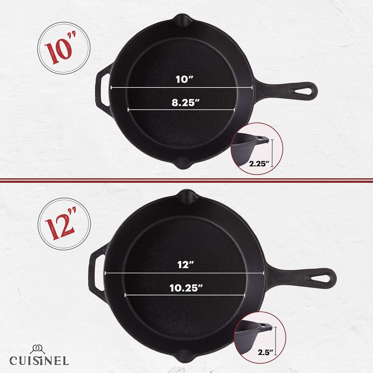 Cuisinel Cast Iron Skillets Set - 4-Piece Chef Pans - 6" + 8" + 10" + 12"-Inch + 4 Heat-Resistant Handle Holders - Pre-Seasoned Oven Safe Cookware - Indoor/Outdoor Use - Grill, Stovetop, BBQ Safe - Image 5
