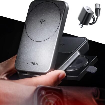 LISEN for iPhone 17 Pro Max 15W magsafe Fast Charger 3-in-1 Charging Station Qi2 Certified Foldable Magsafe Charger Stand for Apple Multiple Devices,Wireless Nightstand,AirPods,Apple Watch