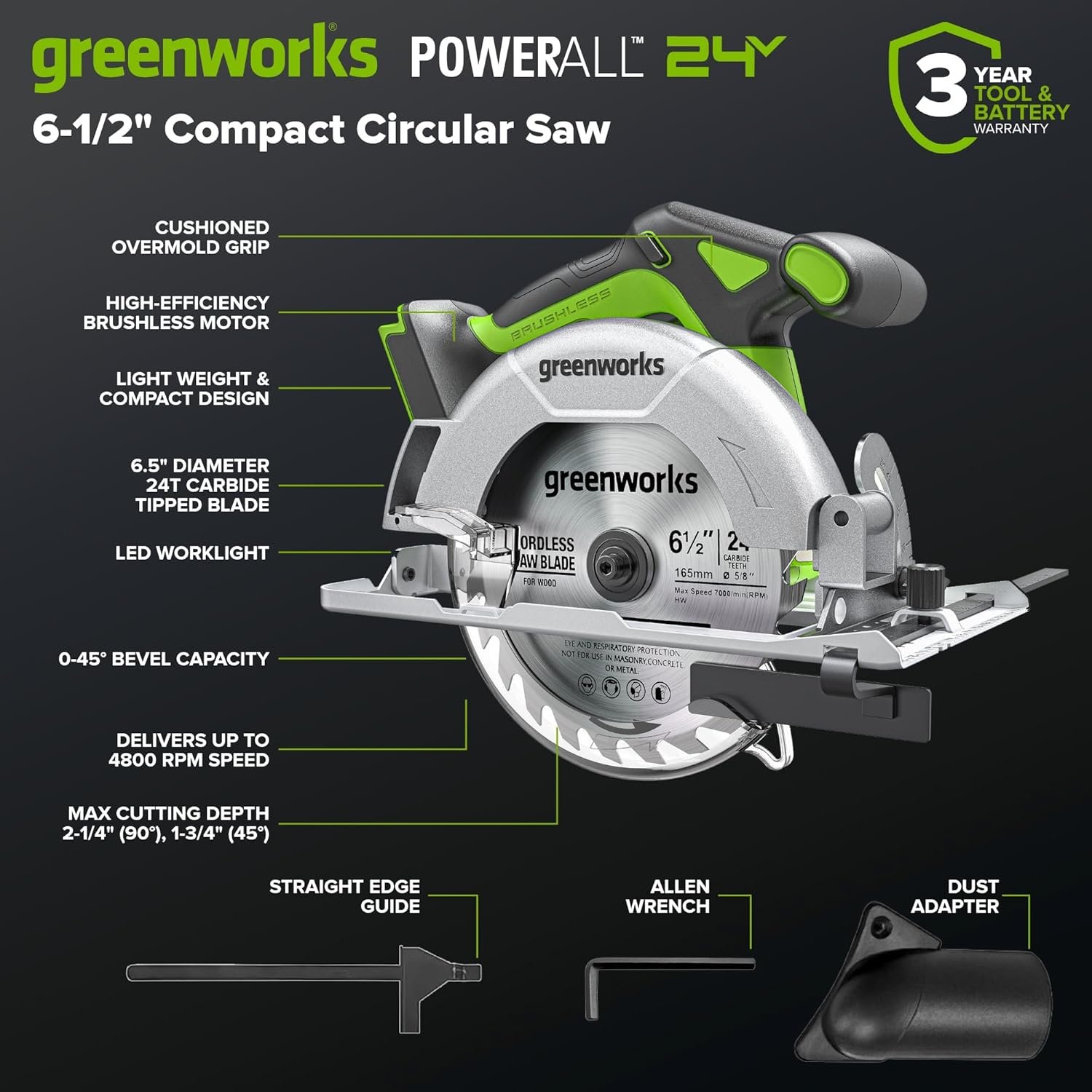 GREENWORKS 24V (4-TOOL) Combo (1/2” Drill + 1/4” Impact Driver + 6.5” Circular Saw + 200Lm Flashlight), 4.0Ah + 2.0Ah Batteries (24,000mAh Power Bank), (2) Braided Cables, 65W Rapid Charger - Image 9