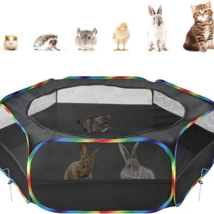 Pawaboo Small Animals Playpen, Waterproof Small Pet Cage Tent with Zippered Cover, Portable Outdoor Yard Fence with 3 Metal Rod for Chick/Kitten/Puppy/Guinea Pig/Rabbits/Hamster, Black + Rainbow
