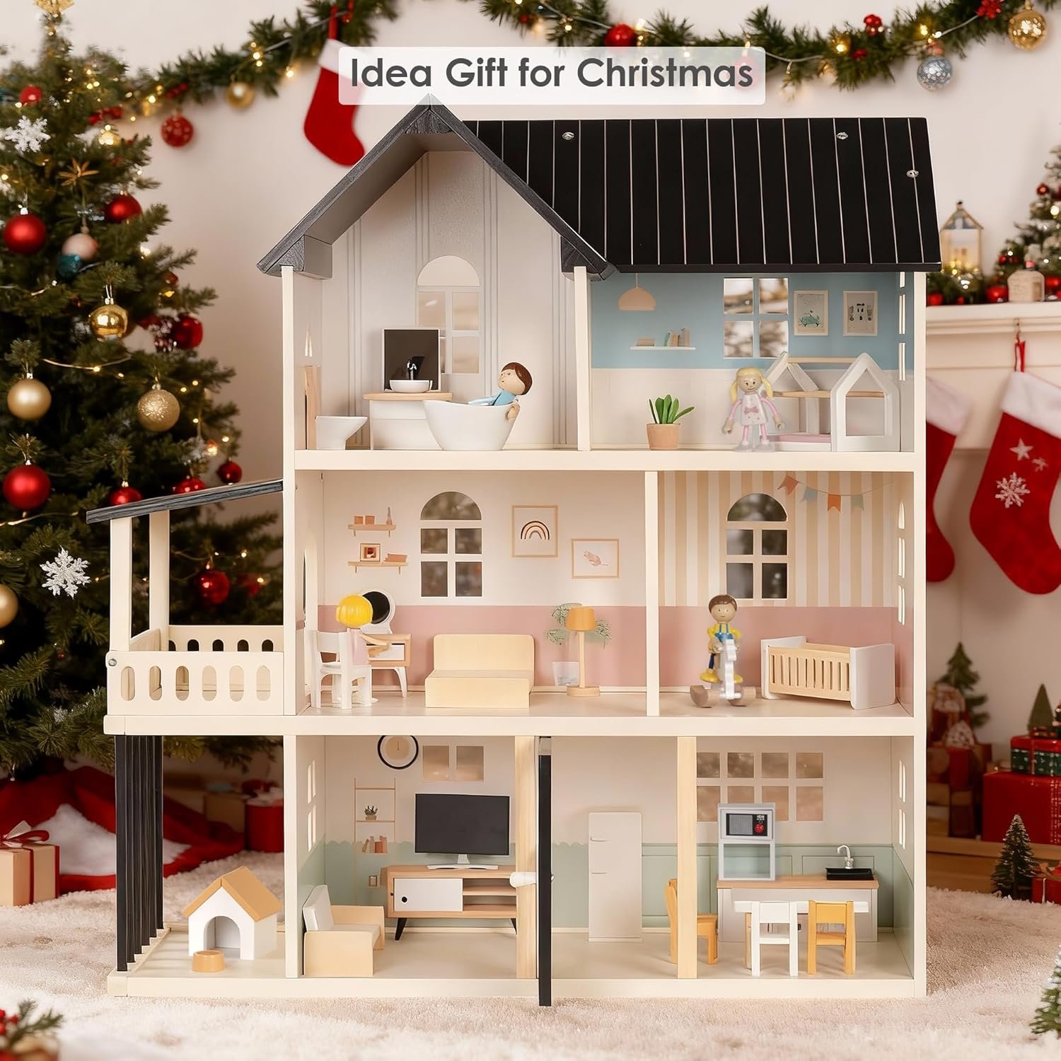 Wooden Dollhouse for Kids, 6-Room Modern Style Toy Doll House Playset with 26 Furniture & Functional Doors, 1:12 Scale Open Plan Dollhouse Designed for 4-6 Inch Dolls, STEM Creative Gift for Ages 3+ - Image 7