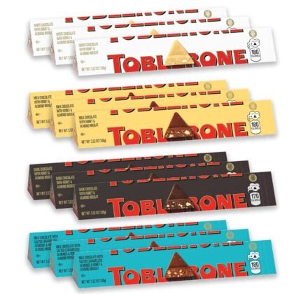 TOBLERONE Assorted Chocolate Bars Variety Pack (Milk, Dark, White, & Salted Caramelized Almonds), Valentines Day Chocolate Candy, 12 - 3.52 oz Bars