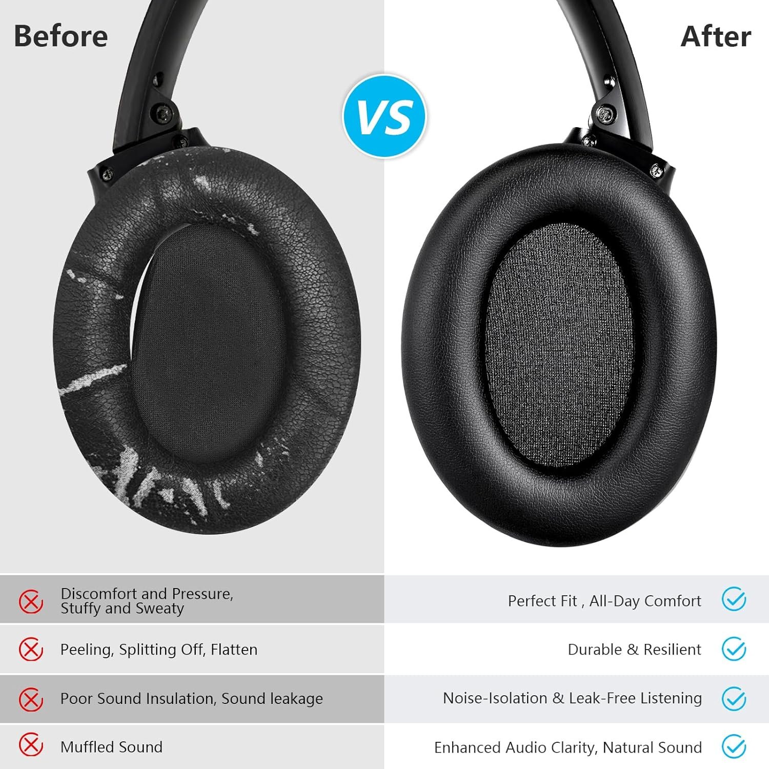 PhantAccy Replacement Ear Pads Cushions for Sony WH-1000XM3 Noise Canceling Headphones, with Soft-Touch Leather, Breathable Noise Isolation Memory Foam, Long-Lasting Comfort, Easy Installation (Black) - Image 5