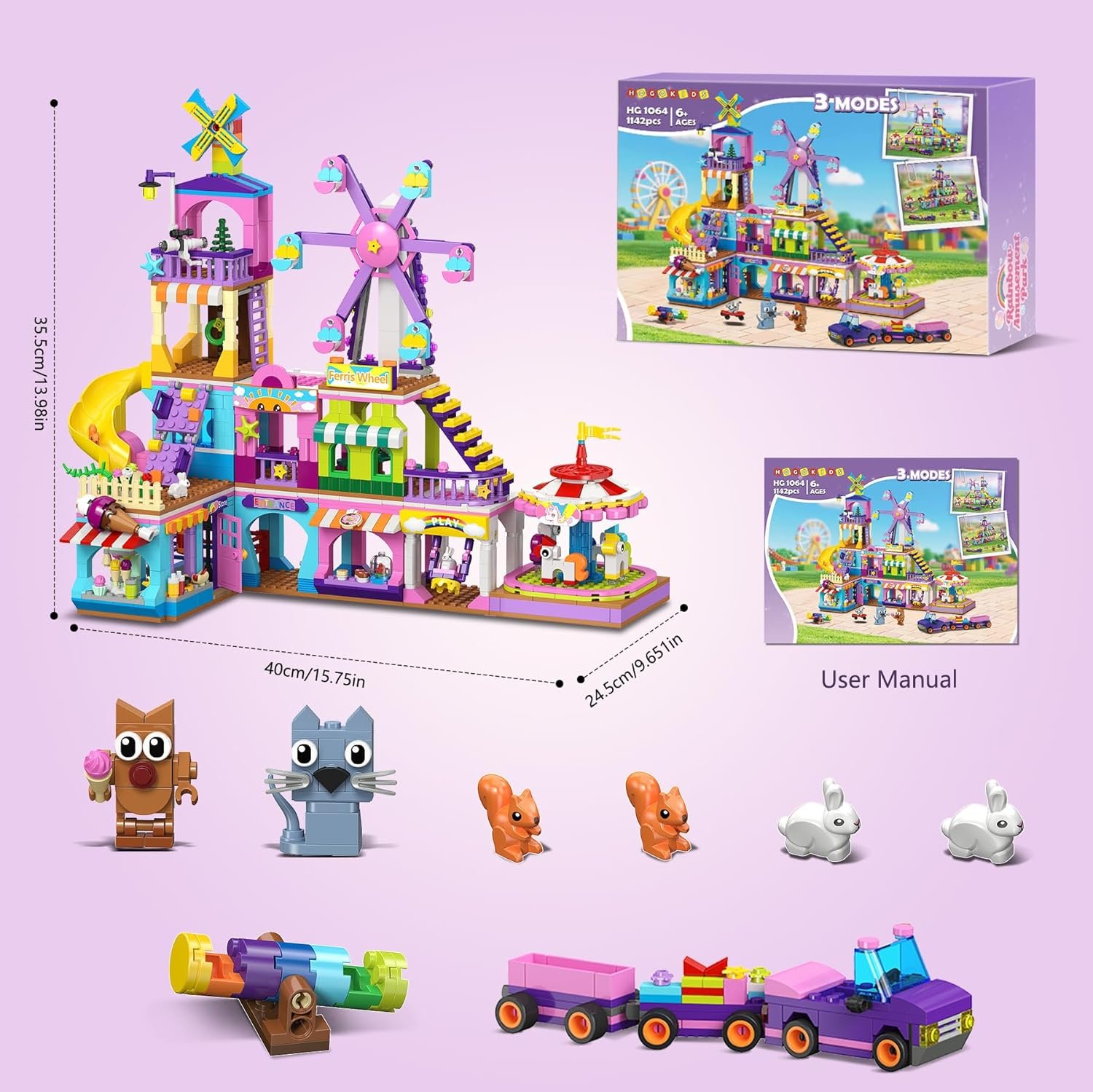 HOGOKIDS 3 Modes Girls Park Building Set - Friendship City Park Building Blocks Toy Set, Friends DIY Building Toys with Ferris Wheel, Spinning Carousel, Slide | Gifts for Girls Boys Age 8 9 10 11 12+ - Image 8