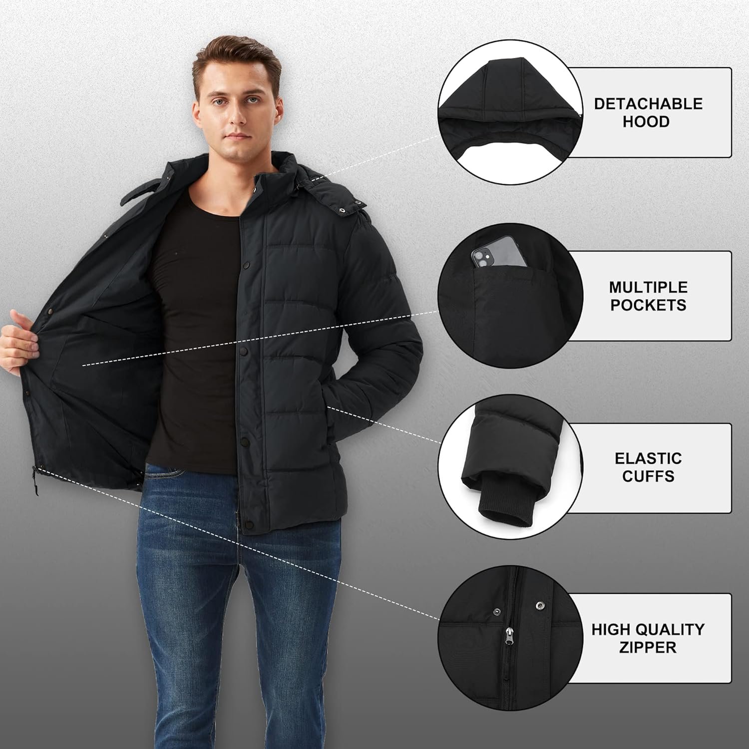 GGleaf Men's Winter Puffer Jacket Quilted Thicken Down Coat Insulated and Water Repellent Jacket with Hood - Image 3