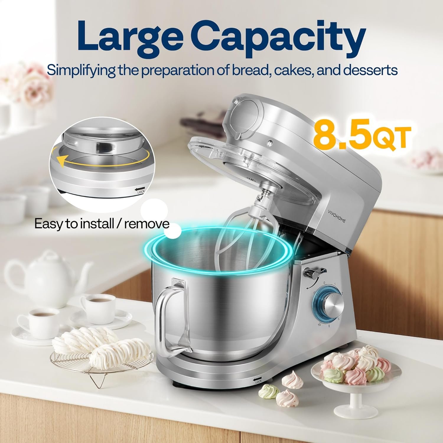 VIVOHOME 6-in-1 Stand Mixer, 8.5 Quart Electric Tilt-Head Kitchen Mixer with Bowl, Multifunctional Food Mixer for Cake, Bread, and Dough, with Meat Grinder, Blender, Pasta Maker Attachments, Silver - Image 4