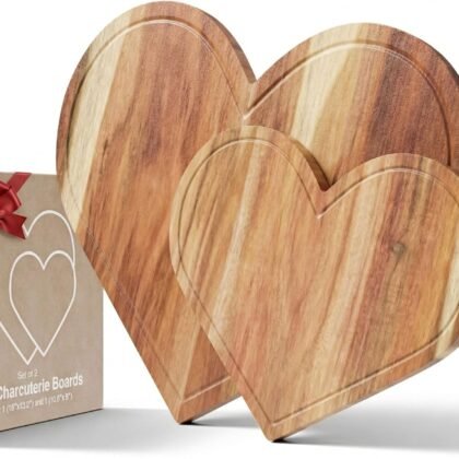 New - Set of 2 Heart Charcuterie Boards - Acacia Wood Cutting Heart Shaped Charcuterie Board, Wooden Serving Tray, or Platter Valentines Gifts