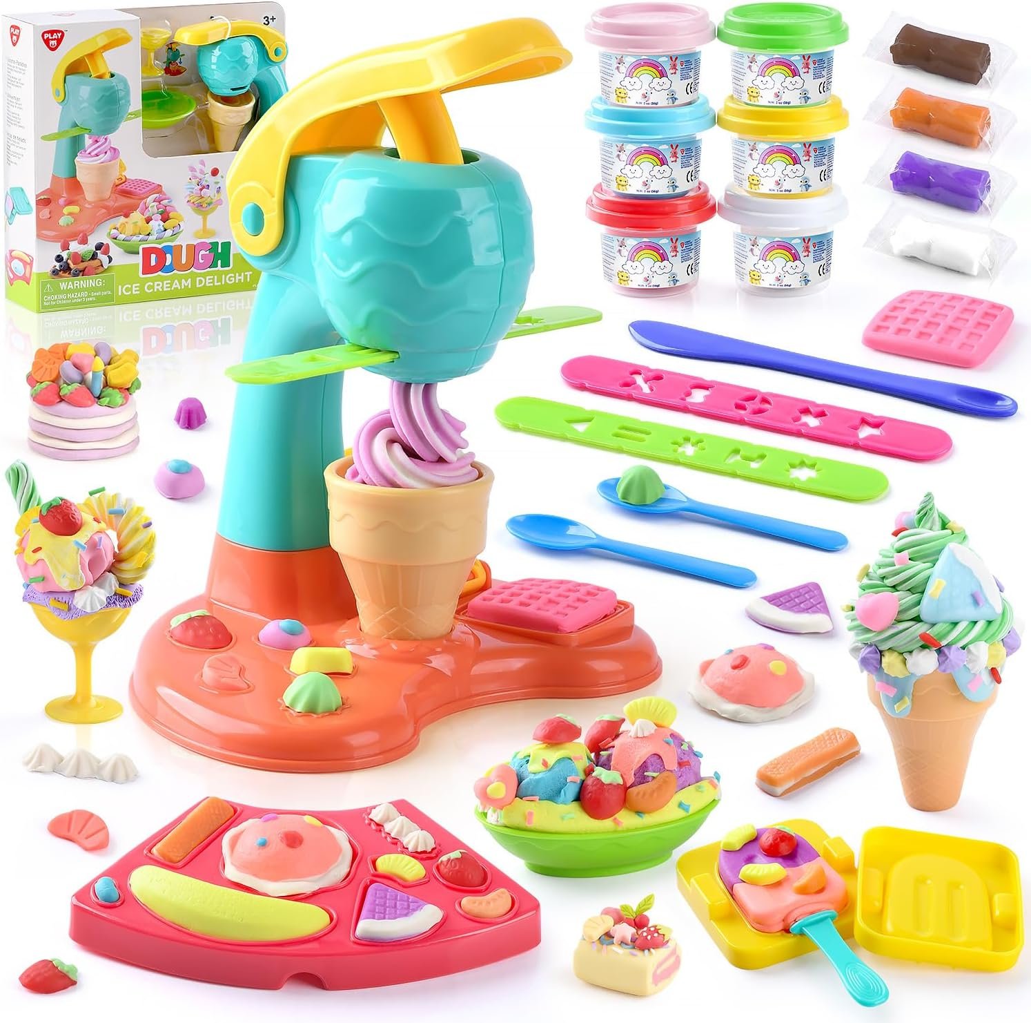 PLAY Clay Dough Set with Ice Cream Maker Machine/Noodle Maker/Banana Split Ice Cream Mold Kitchen Creations Arts Crafts Play Food Toys Tools Kit for Boys Girls Kids Toddlers Ages 3+