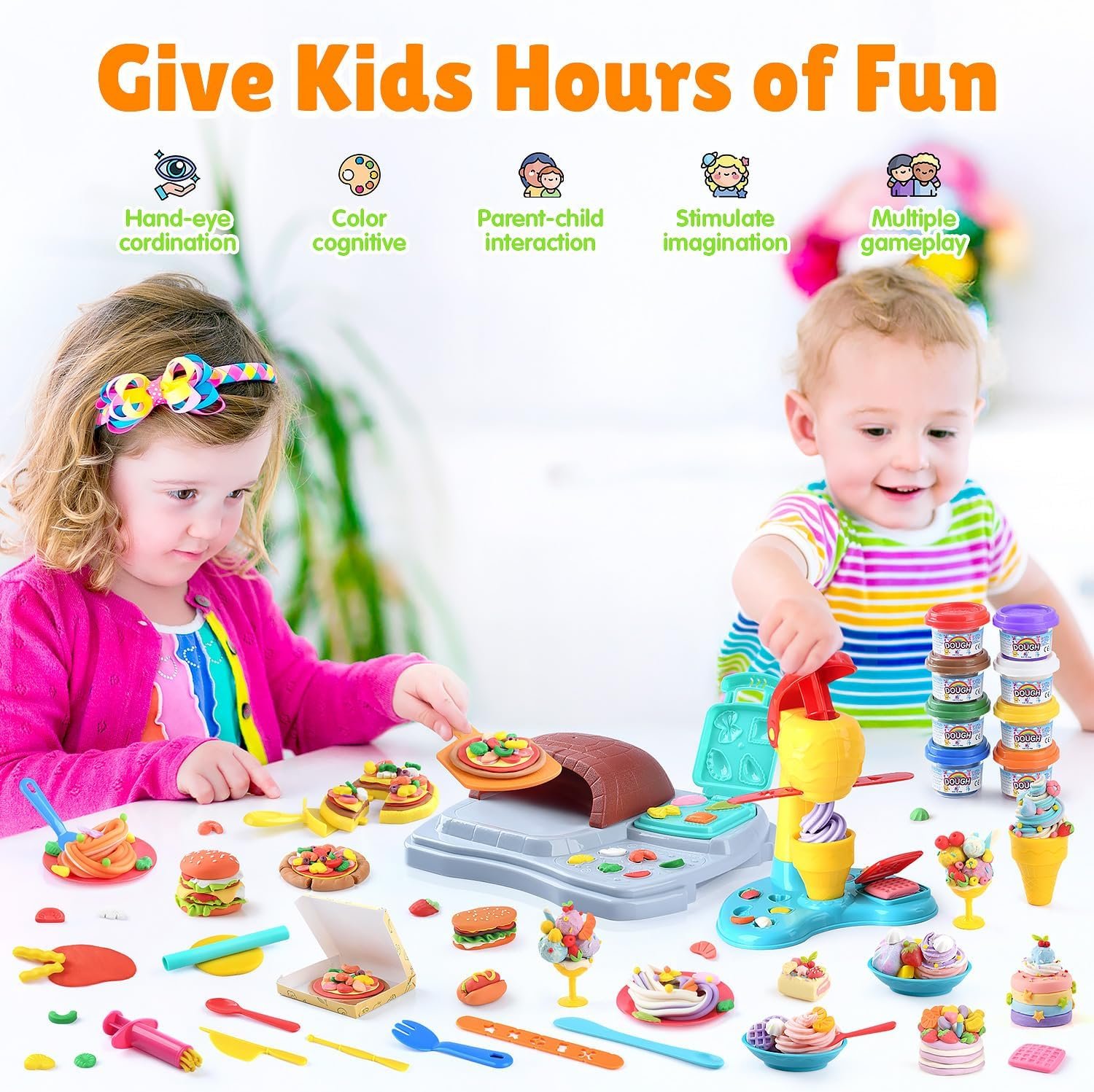 2 in 1 Color Dough Sets for Kids Ages 2-4-8, Kitchen Creations Ice Cream Pizza Maker Machine, Art Crafts Play Food Toys for 3 Year Old Girls Boys and Up, 8 Cans of Modeling Compound Dough,2 oz Cans - Image 3