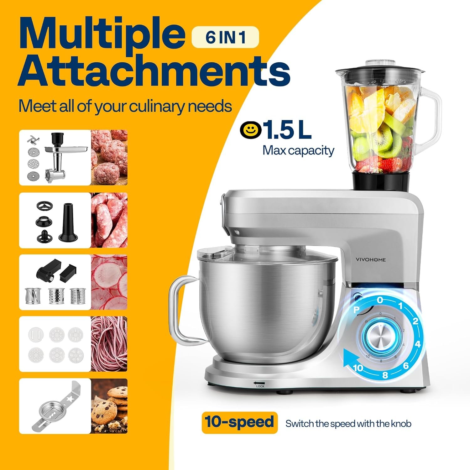 VIVOHOME 6-in-1 Stand Mixer, 8.5 Quart Electric Tilt-Head Kitchen Mixer with Bowl, Multifunctional Food Mixer for Cake, Bread, and Dough, with Meat Grinder, Blender, Pasta Maker Attachments, Silver - Image 5