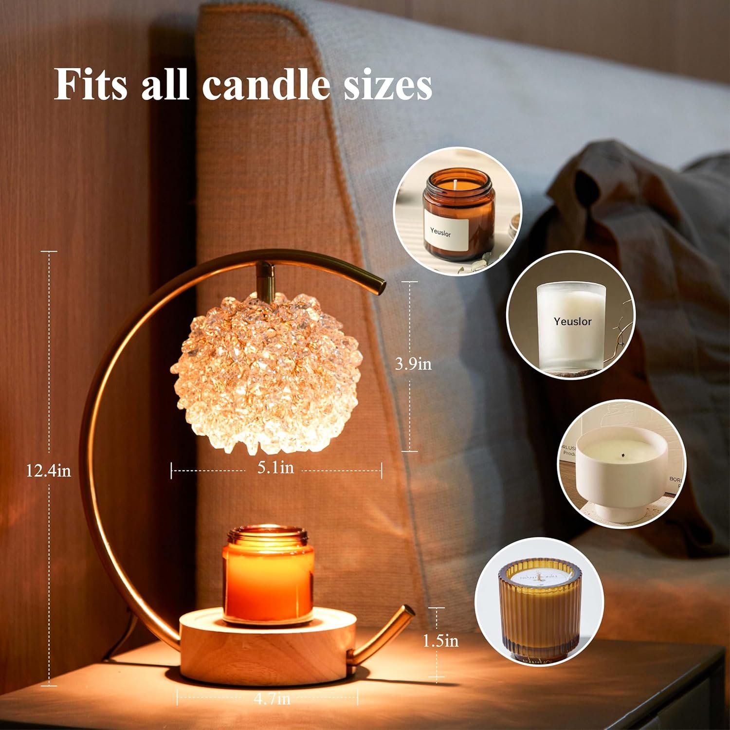 Gold Candle Warmer Lamp for Jar Candles with Adjustable Brightness&Timer,Handcrafted Crystal&Wooden Base, Luxurious Design,Home Decoration Electric Candle lamp(C-Shaped) - Image 3