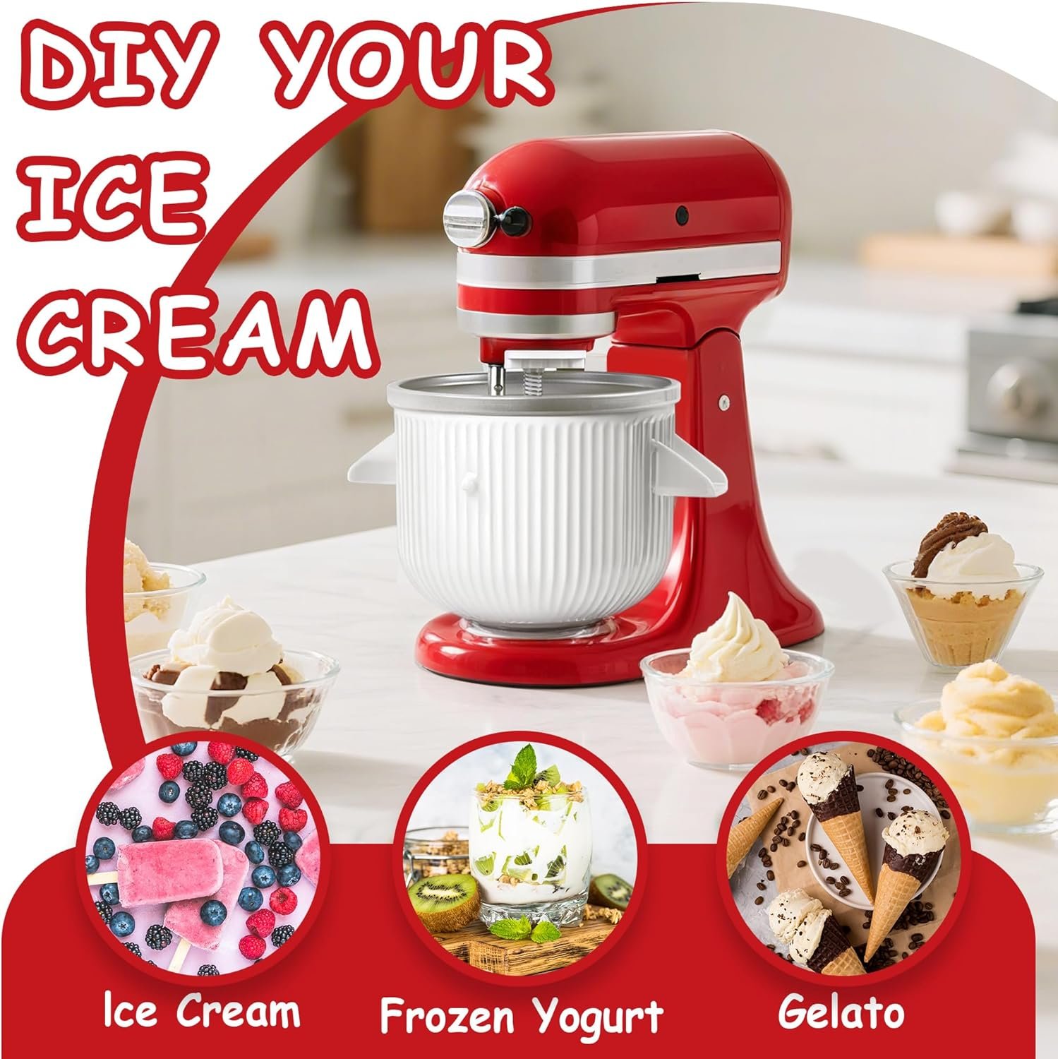 Ice Cream Maker Attachment for KitchenAid, Fits KitchenAid 4.5/5QT & 6QT Mixers, Frozen Ice Cream & Sorbet Gelato Maker, 2 Quart, White - Image 3