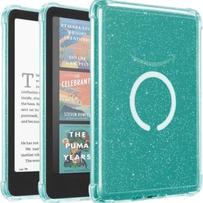 iDLEHANDS Magnetic Clear Case for 7" Kindle Paperwhite 12th Gen 2024 and Kindle Colorsoft - with AirBag Compatible with iPhone MagSafe, for Samsung/Belkin/Anker Wireless Charging Pads, Glitter White