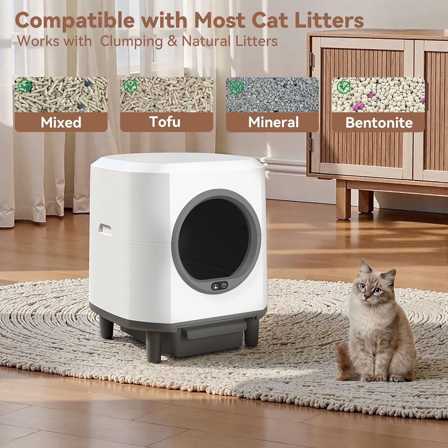 Self Cleaning Litter Box for Multiple Cats,90L Automatic Cat Litter Box Self Cleaning App-Controlled,Dual Safety Protection,1 Rolls Garbage Bags,White - Image 7