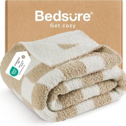 Bedsure Throw Blanket for Couch Bed Sofa - Super Soft, Beige, Checkered Throw Blanket, GentleSoft, Fluffy, Cozy, Santa Gifts for Women, 50x60 Inches
