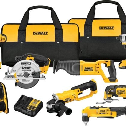 DEWALT 20V MAX Power Tools, 9 Cordless Tool Combo, Impact and Drill Driver, Oscillating Tool, Grinder,Circular and Reciprocating Saw,Right Angle Drill,Speaker,LED Light, 2 Batteries,Charger (DCK940D2)