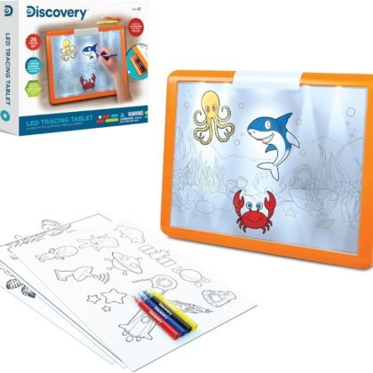 Discovery LED Tracing Tablet, 26-Piece Set with Washable Markers, Tracing & Template Sheets, Battery Powered Doodle Activity Lightboard, Kids Drawing & Sketching Portable Travel Art Set, Toy Gift