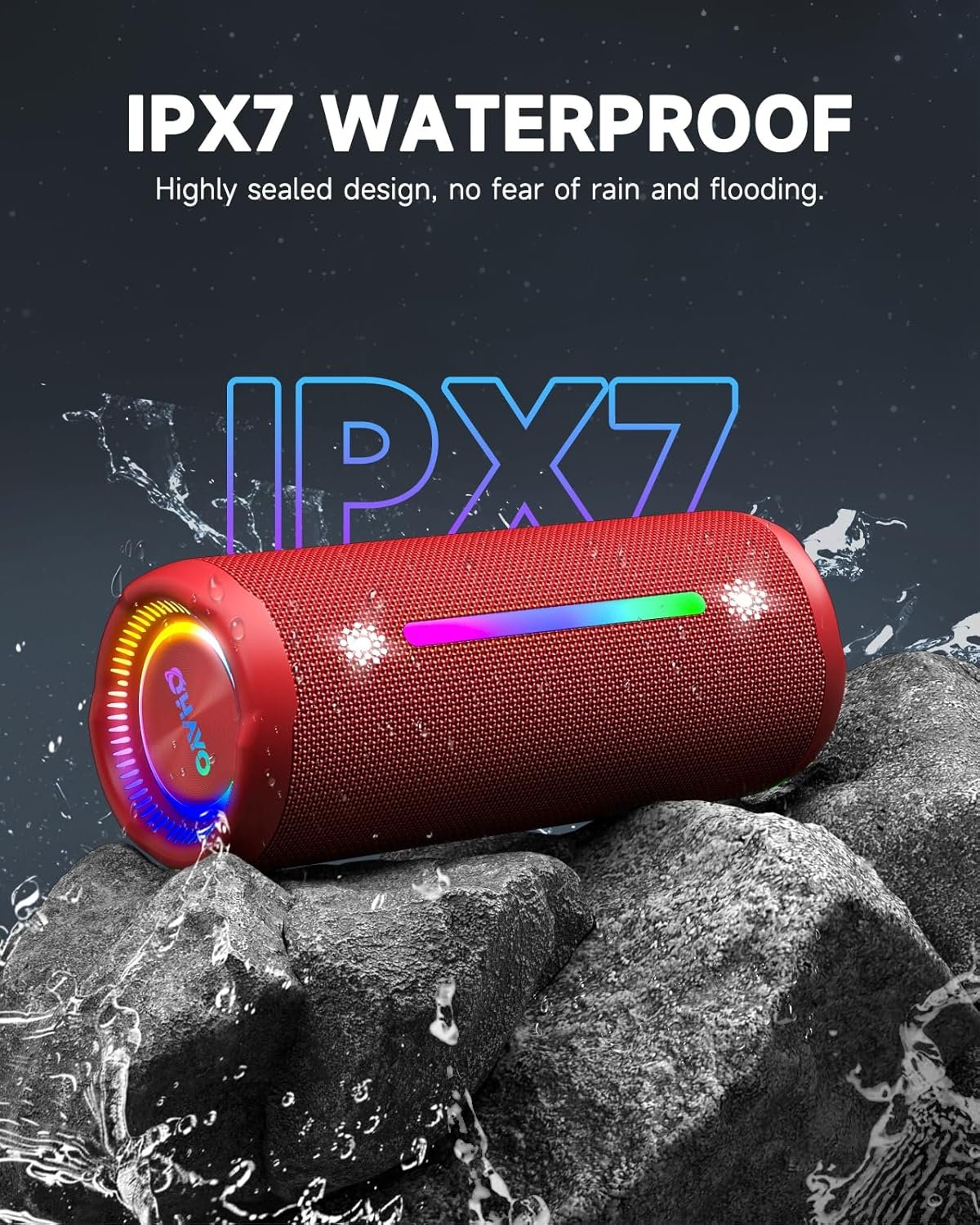 OHAYO Bluetooth Speaker, Portable Wireless, IPX7 Waterproof, Powerful 25W Sound, 24H Playtime, Dual Pairing, Active Bass, Colorful Lights, Bluetooth 5.3, Outdoor Speakers for Home/Party/Beach, Red - Image 2