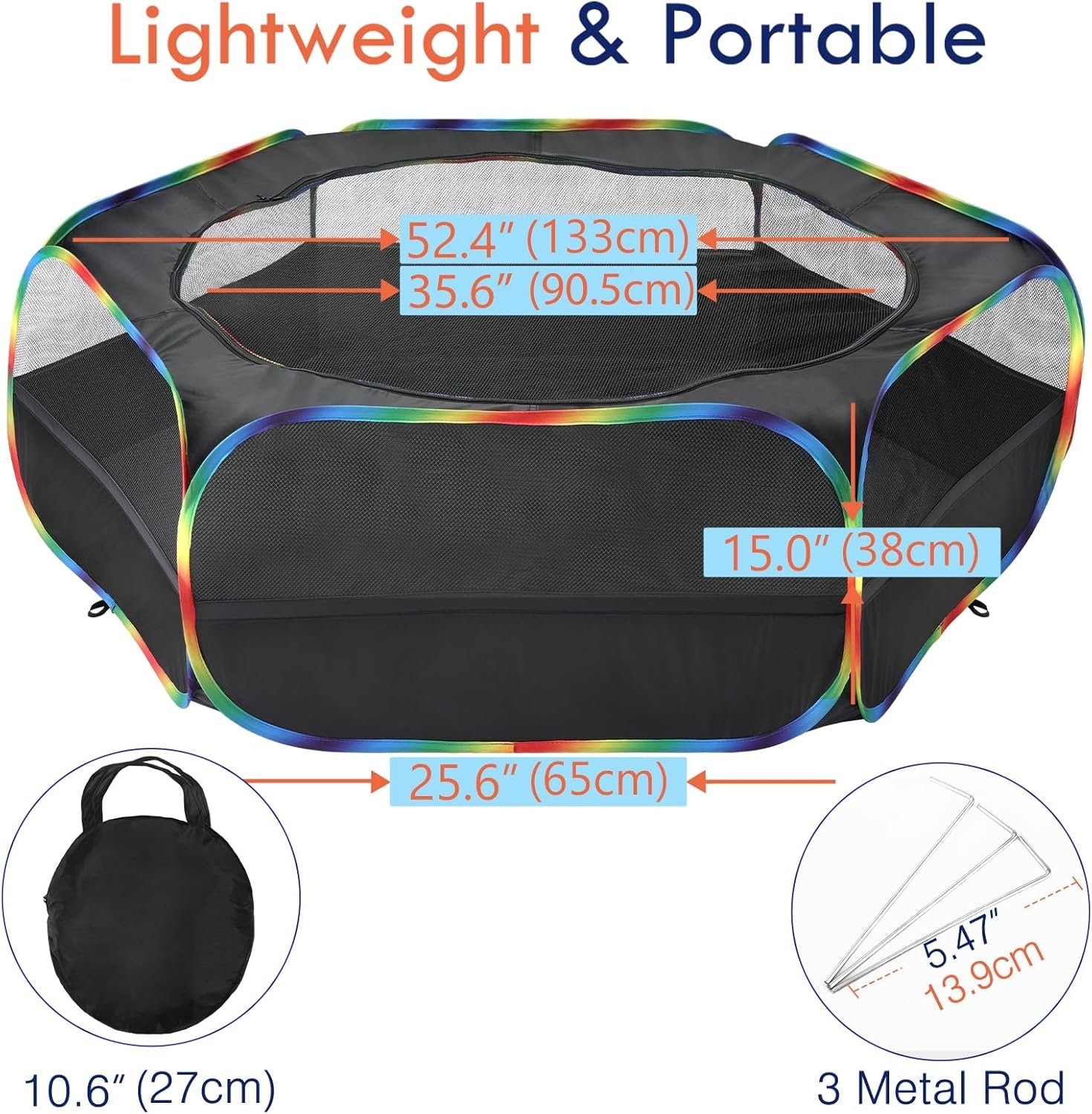 Pawaboo Small Animals Playpen, Waterproof Small Pet Cage Tent with Zippered Cover, Portable Outdoor Yard Fence with 3 Metal Rod for Chick/Kitten/Puppy/Guinea Pig/Rabbits/Hamster, Black + Rainbow - Image 6