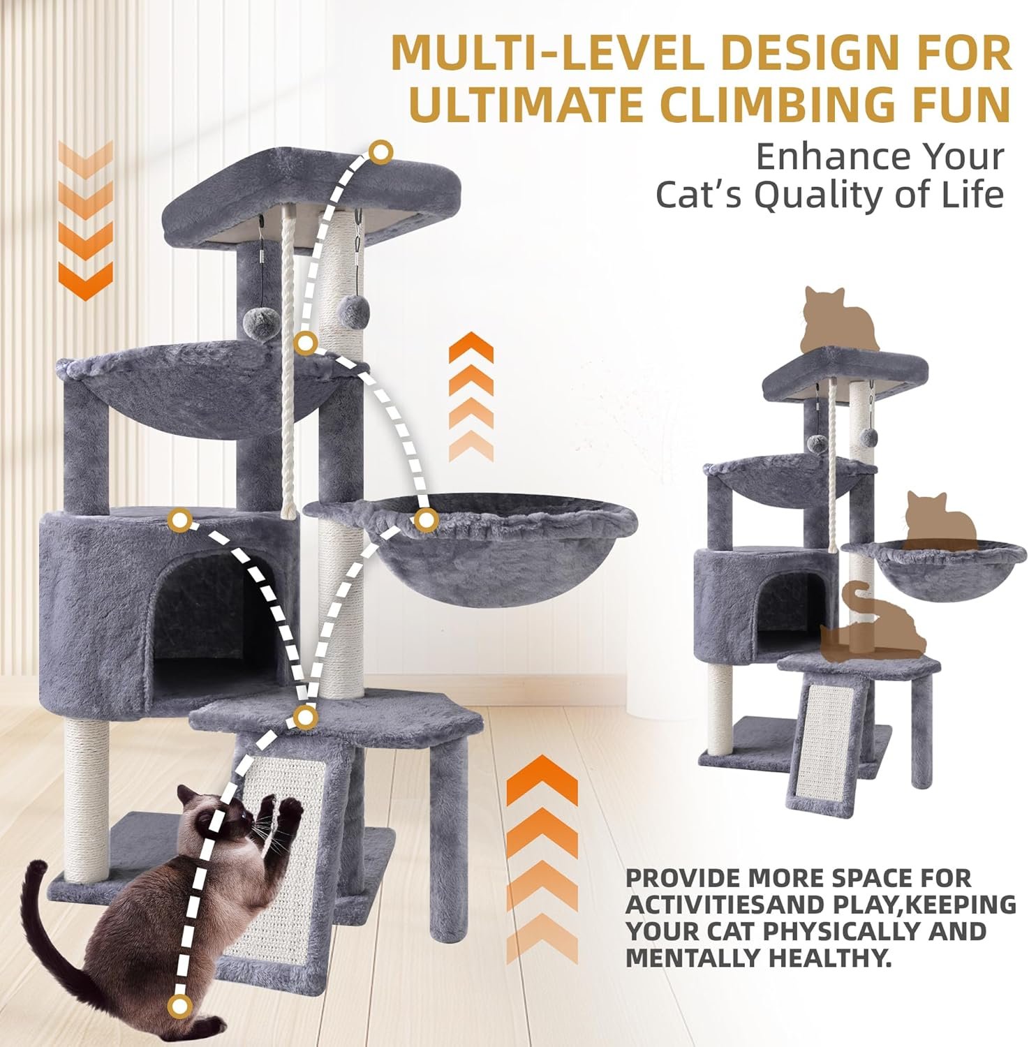Xin Three Layer Cat Tree with Cat Condo and Two Hammocks,Grey - Image 6