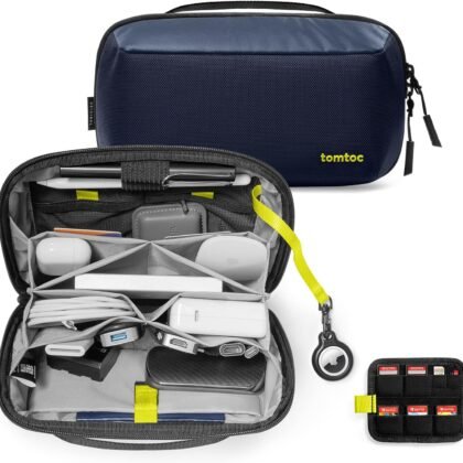 tomtoc Electronic Organizer Accessory Tech Pouch for MacBook Charger, Cables, Power Bank, Hard Drive, Cords, Water-resistant Storage Bag with Removable Card Slots for USB Adapter, Memory Card, Blue