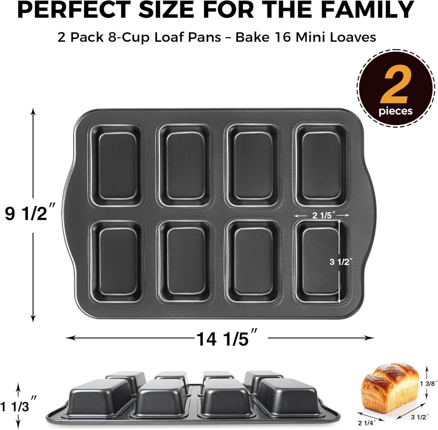 HONGBAKE 2 Pack Mini Loaf Baking Pans 8-Cavity, Nonstick Small Cornbread Pan, Tiny Banana Bread Pan Set, Heavy Duty Brownie TIn, Dark Grey - Image 4