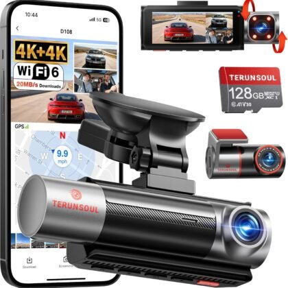 4K+4K+1080P 3 Channel Dash Cam Front and Rear with Cabin, Free 128GB Card Included, 5.8GHz WiFi6 - up to 20MB/s, IR Night Vision, Built-in GPS, G-Sensor, 24H Parking Mode, Support 512GB Max