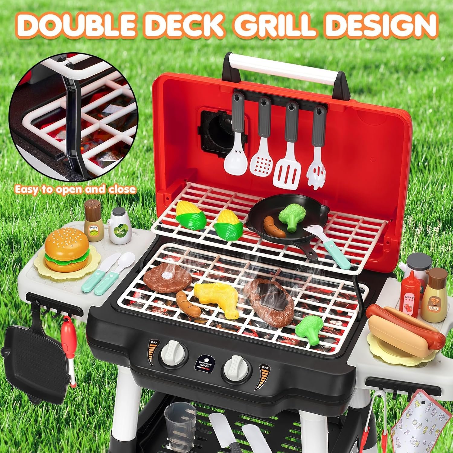 Kids Play Kitchen Toys, Kids BBQ Grill Playset with Smoke Sound Light, 2-Layer Barbecue Toy with Wheels, Outdoor Play Food Toys Cooking Set for Toddlers 3-5, Birthday for Boys Girls - Image 2