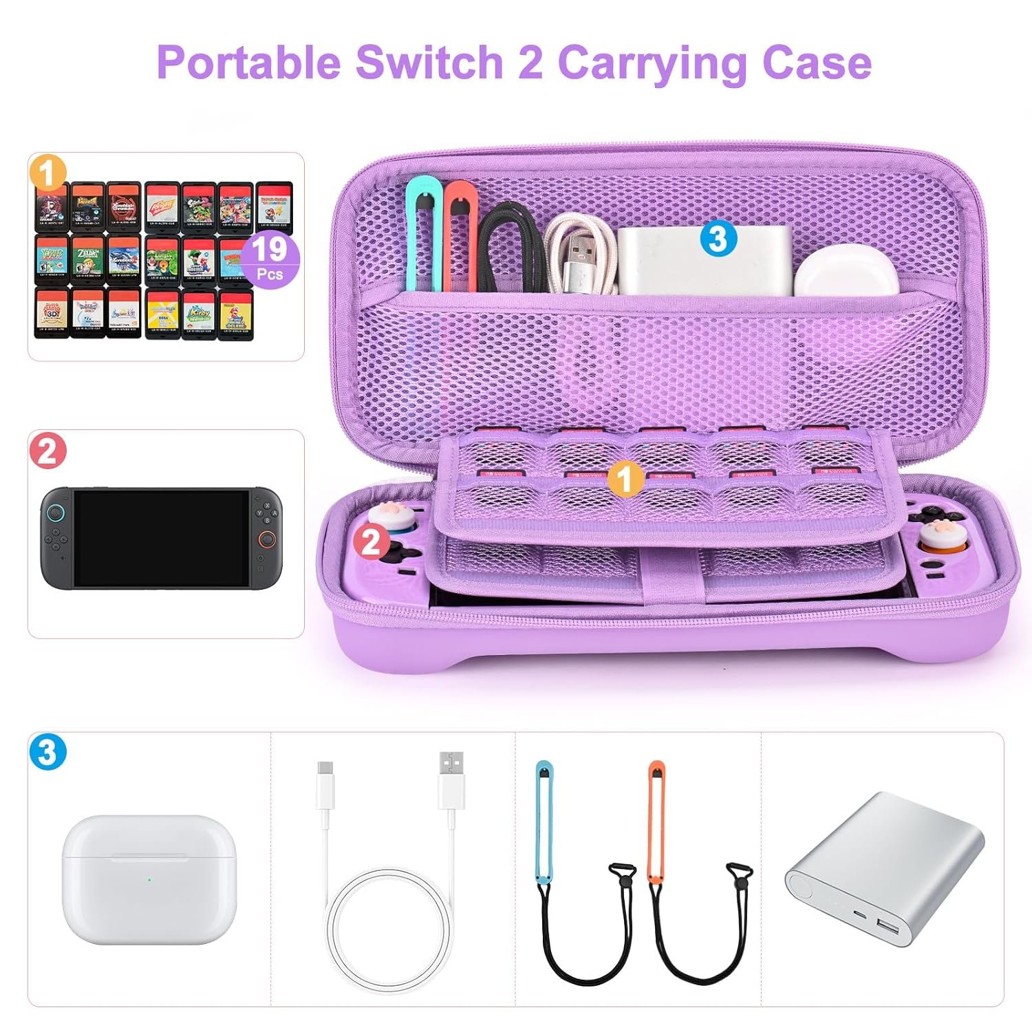 Younik Switch 2 Accessories Bundle, 15 in 1 Purple Switch 2 Accessories Kit for Girls Include Switch 2 Carrying Case, Shoulder Strap, Wrist Strap & Stickers, Protective Case for Switch Console & J-Con - Image 2