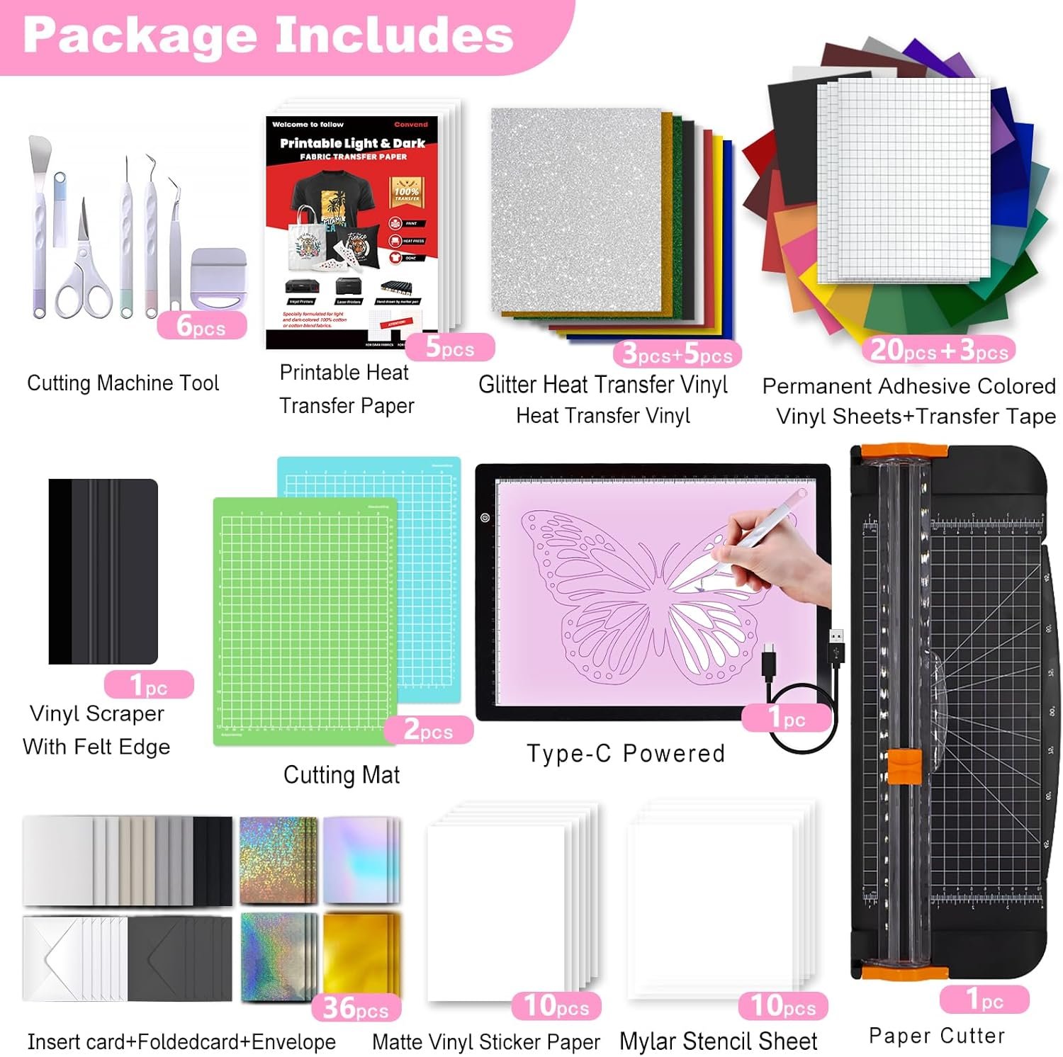 Convend The All-in-One Accessories and Supplies Bundle for Xtra-103Pcs Starter Kit with Weeding Tools, HTVs, Permanent Vinyl, Transfer Paper, LED Light Pad, Paper Cutter for Crafting Projects - Image 2